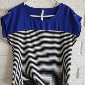 Blue Top with Black and White Stripes Short Sleeve Tee Blouse
